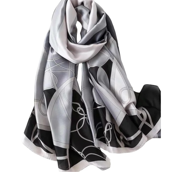 Shimmer & Shawls Accessories - ✨VIP✨ Black & Grey Abstract Silky Satin Scarf Shawl Wrap – Oversized Lightweight